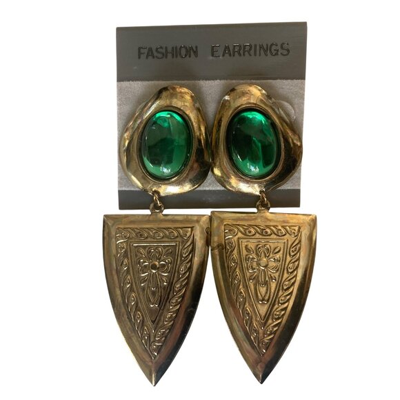 Vintage 80s Pierced Gold Tone Dangle Earrings Green Cabochon 3" Statement - Picture 1 of 7
